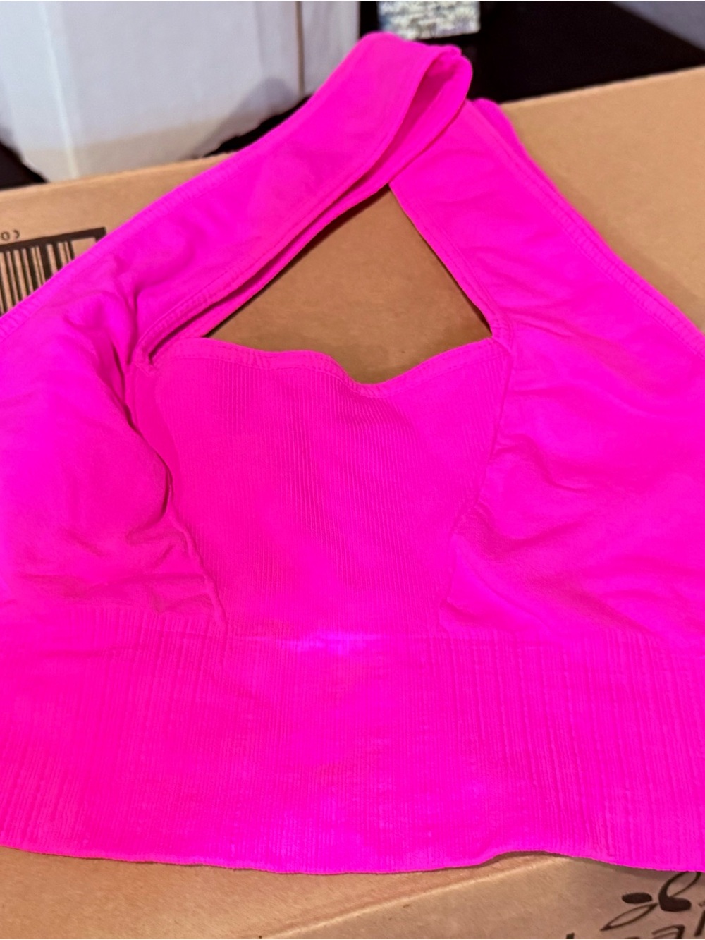 Women's Hot Pink Seamless Ribbed Halter Tank Top